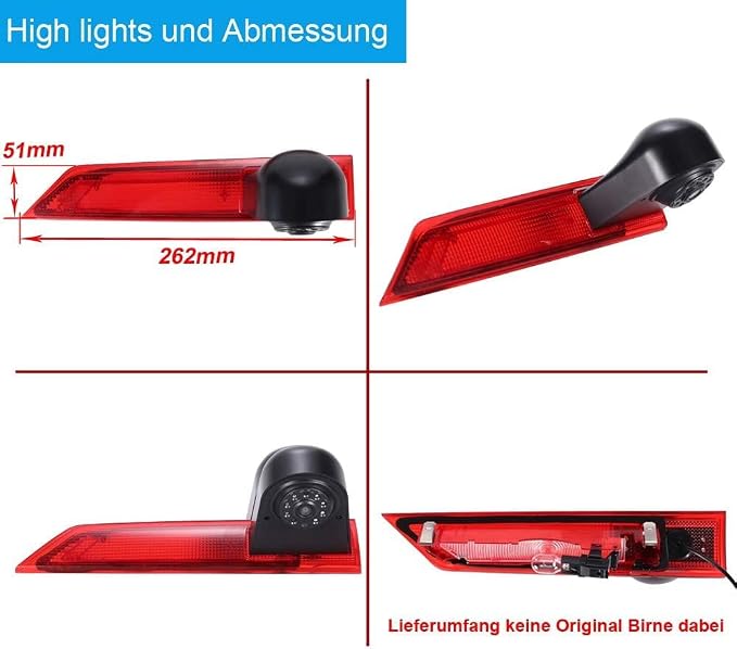 Car Third Roof Top Mount Brake Lamp Reverse Camera Sprinter Brake Light Backup Rear View Camera with 7 inch LCD Monitor for Ford Transit Custom 2012-2016