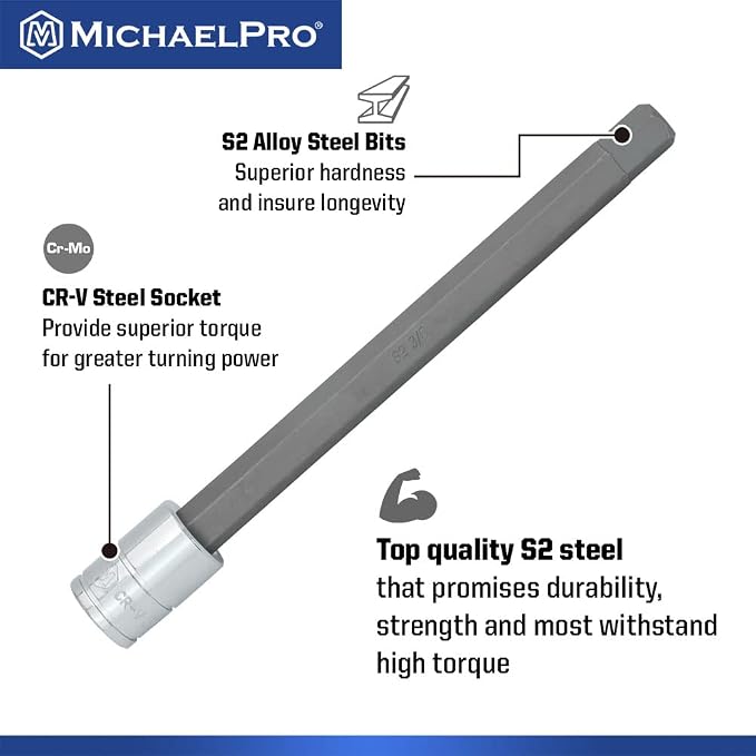 MichaelPro 18-Piece 3/8'' Drive Long Hex Bit Socket Set, SAE & Metric (1/8" - 3/8", 3-10 mm), 6-Inch Length for Deep Reach, High Torque Resistant CR-V and S2 Steel, Storage Case Included - MP012020