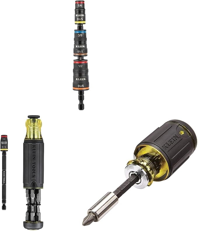 Klein Tools 32933 Impact Driver, 7-in-1 Impact Flip Socket Set & 32304 Screwdriver & 32308 Multi-bit Stubby Screwdriver