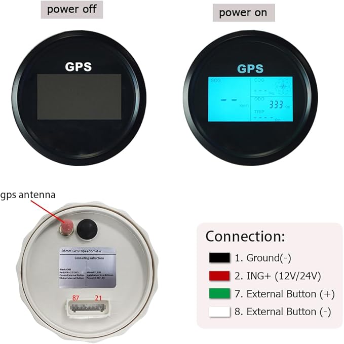 85mm 3-3/8" Digital Speedometer GPS Odometer COG Trip with 7 Backlights 12VDC 24V for Motorbike Boat Truck Racing Car (Black&Black)