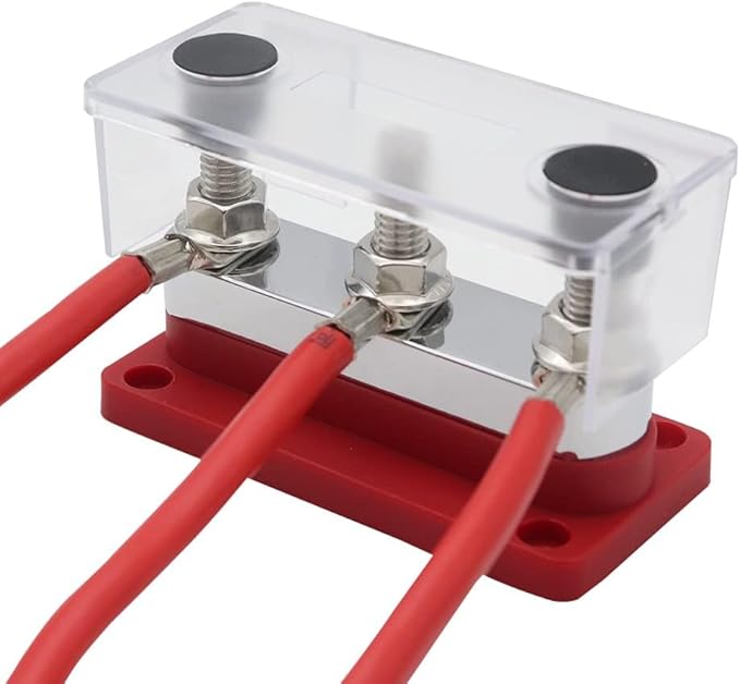 600A Power Distribution Block Bus Bar with Cover Marine Bus Bar, Automotive, and Solar Wiring 3x3/8 M10 Studs Red