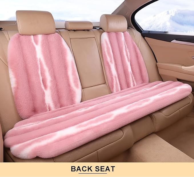 Faux Sheepskin Car Seat Cover Full Set, Fluffy Cute Pink Fur Car Seat Covers for Fuzzy Soft Auto Universal Plush Vehicle Seat Protector Pad Accessories Home and Office Chair