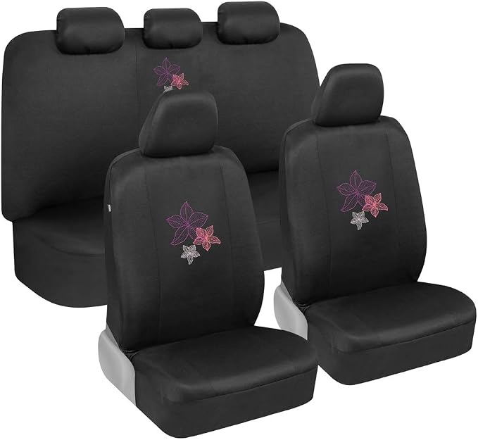 BDK Multicolor Hawaiian Flower Print Car Seat Covers, Full Set with Steering Wheel Cover and Seat Belt Pads, Front and Rear Universal Fit for Car Truck SUV Van, Cute Auto Interior Accessory for Women