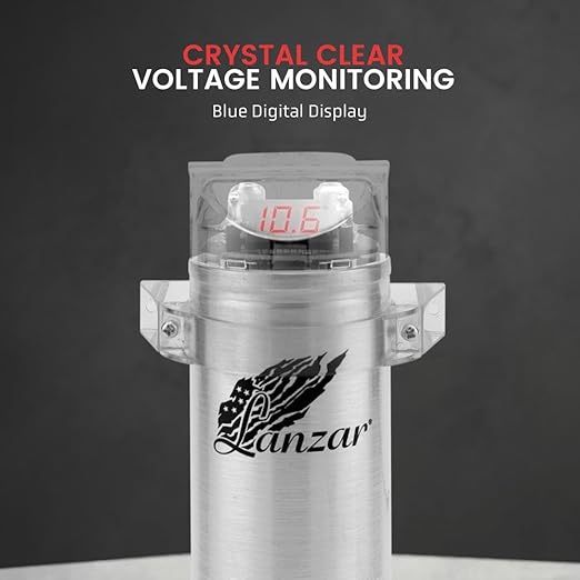 Lanzar 2.2 Farad Digital Power Capacitor, High-Performance Car Audio Accessory with Blue Digital Display Voltage Readout and LED Flash, Over Voltage Protection, Mounting Hardware, DC 12-24V