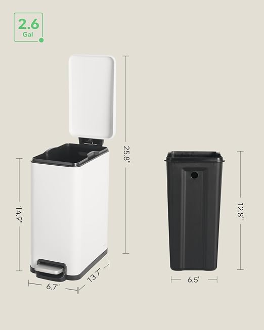 Nunsino Small Bathroom Trash Can with 15 Garbage Bags,2.6 Gallon Stainless Steel Garbage Can with Lid Soft Close,Small Trash Bin for Bathroom,Kitchen,Home Office,White