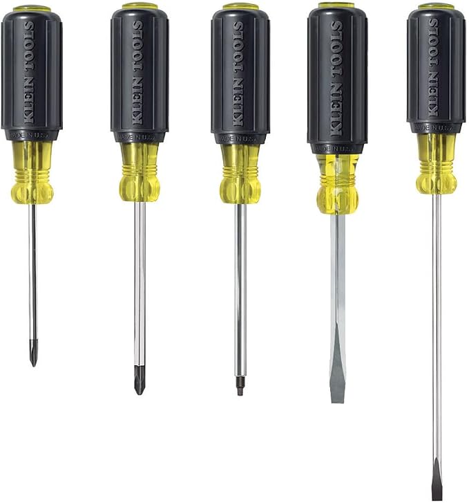 Klein Tools 9-Inch Lineman's Crimping Pliers and 5-Piece Screwdriver Set with Phillips, Slotted, Square and Cabinet Tip Drivers