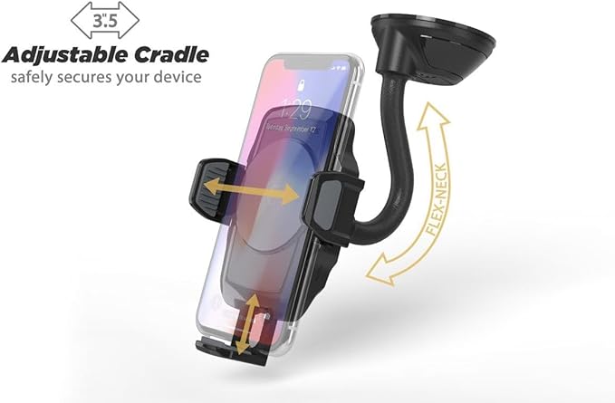 SCOSCHE WDQ2M STUCKUP Qi Car Phone Holder Windshield, Dashboard or Vent Mount | Stick Grip Suction Cup Base | Non-Magnetic | Black Charger with Car Adapter and Type-C Cable
