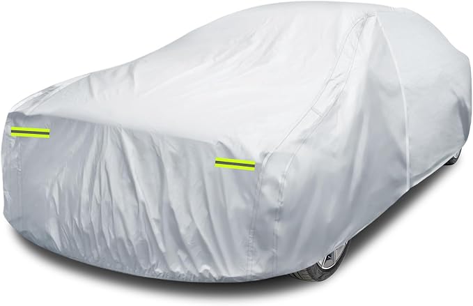 6 Layers Car Cover Waterproof All Weather for Automobiles, Size A4 Universal Fit for Dodge Charger, Lincoln Mkz, Rain Sun Hail Protection with Door Zipper (199-208 inch), Silver