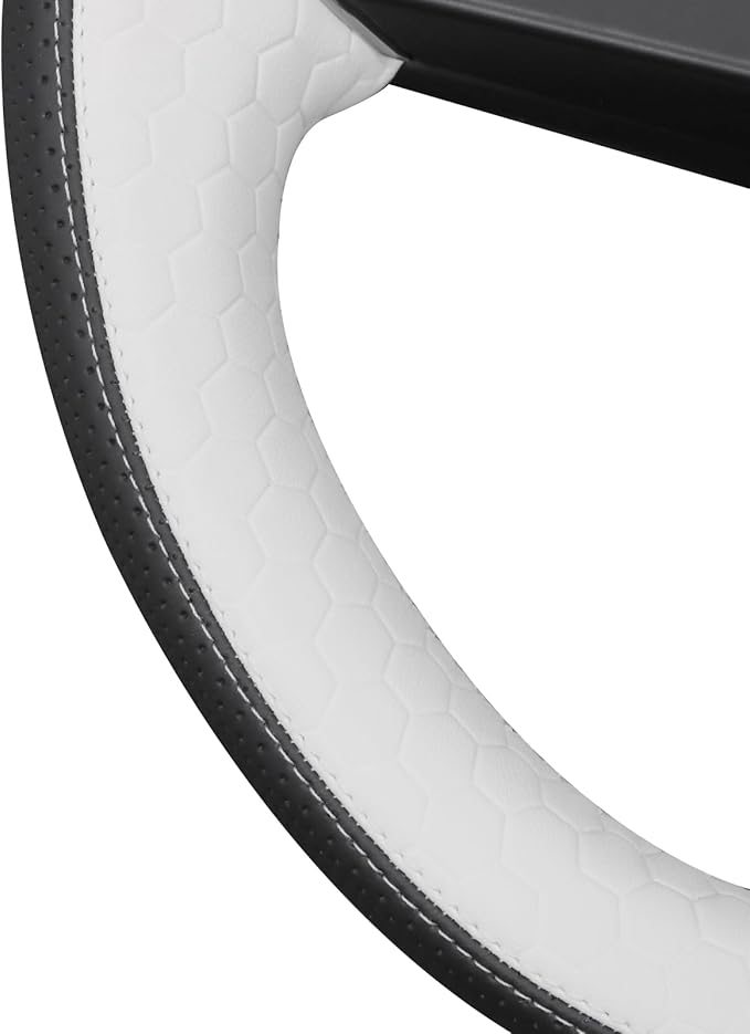 MEWANT Stitching Black White Embossed Faux Leather Steering Wheel Cover for Tesla Model 3 Highland 2025 Model Y Juniper