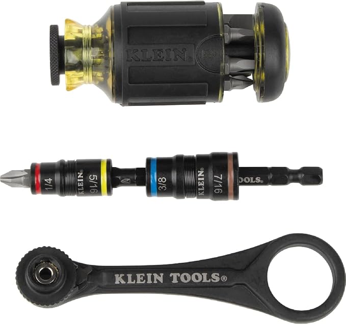 Klein Tools 3-Piece Mini-Ratchet Driver Set, Impact Stubby Driver, and 6-in-1 Flip Socket Set with 7 mm to 14 mm Metric Hex Sizes