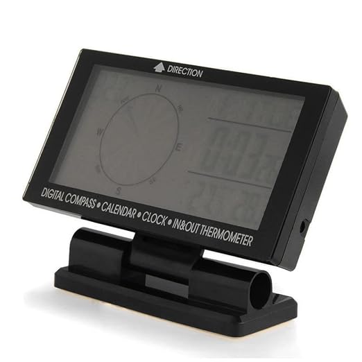 Digital Car Thermometer Black with Blue Backlight Compass Clock with Large LCD 3.9inch