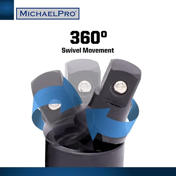 MichaelPro 3-Piece Impact Grade Universal Joint Swivel Socket Adapter Set, 1/4'', 3/8'', 1/2'' Drive, Cr-Mo Alloy Steel, 360-Degree U-Joint Sockets, Access Hard-to-Reach Fasteners - MP005026