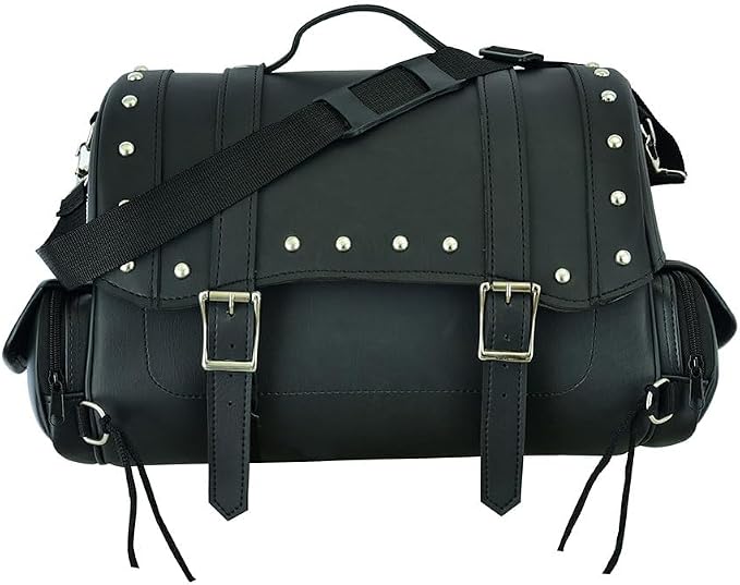 Motorcycle Saddle Bag, Waterproof Leather with Side Pockets Rear Seat Bag Gear Storage Luggage for Touring Motorbike (SB-286 Black)