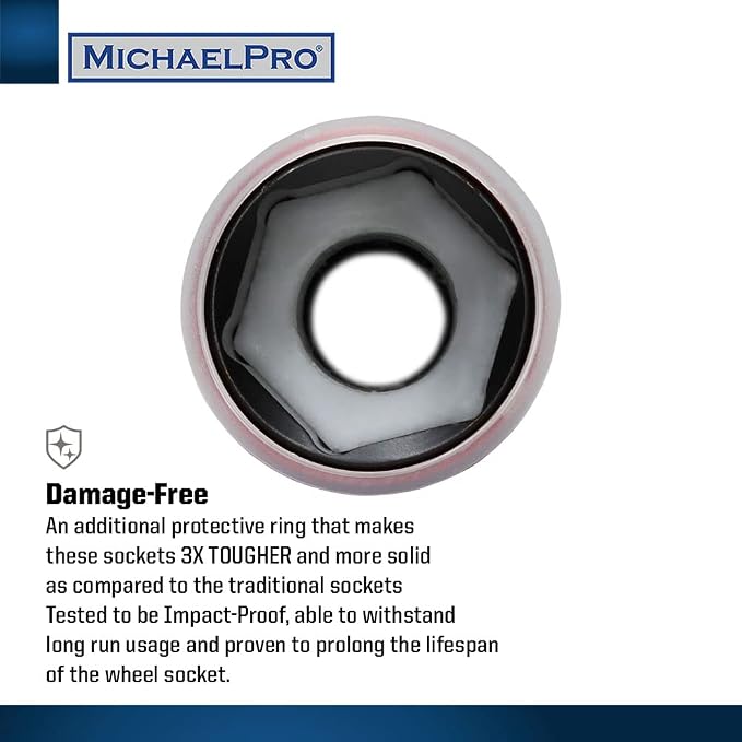 MichaelPro 5-Piece Power Impact Lug Nut Socket, Damage-Free 1/2-Inch Extra Tough Professional Thin Wall Wheel Protector Impact Sockets – 15, 17, 19, 21, 22mm| MP005030 (5-Piece)