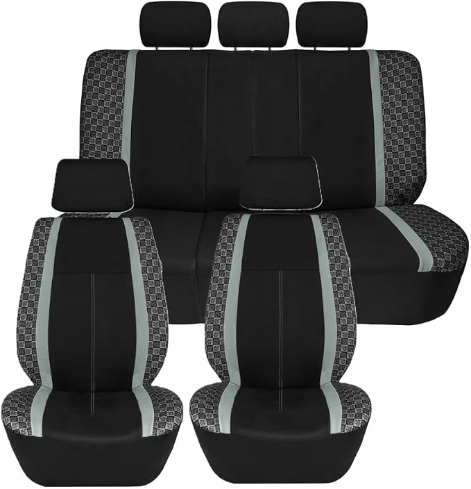 We Are Young Life is Fun™ Checker Car Seat Covers Universal Fit Interior Accessories Full Set Gray Seat Cover Combo Steering Wheel Cover and Seat Belt Pads, Airbag and Split Rear Car Seat Covers