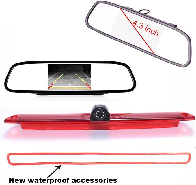 HD Brake Light Backup Camera with Rear-View Mirror Monitor, Waterproof Night Vision Car Roof Reversing Camera Replacement for VW Crafter Caravelle 2007-2015/Mercedes Sprinter W609 W907 W910 316 CDI