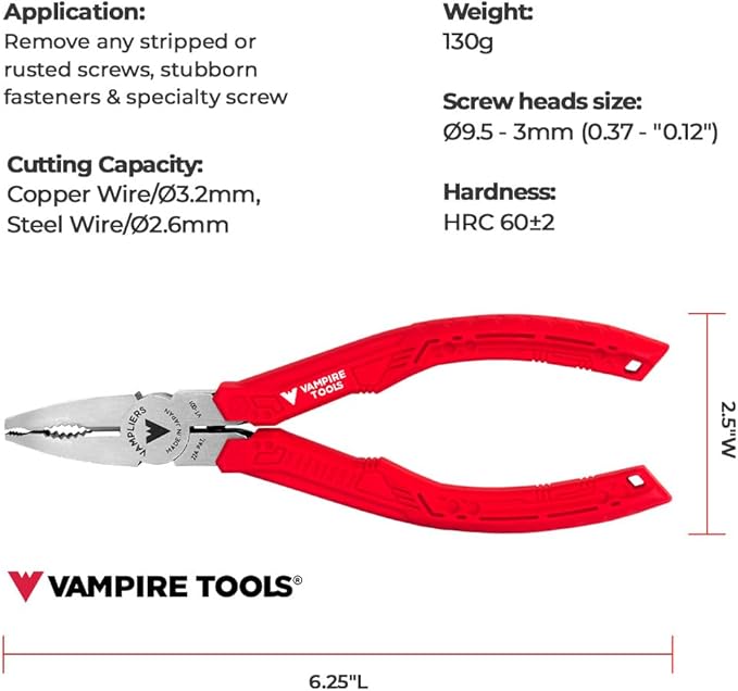 VAMPLIERS 6.25" Stripped Screw Extractor Pliers. Made in Japan. Time-Saving Screw Removal Tool Quickly Extracts Rusted, Stuck, Damaged Screws & Fasteners.