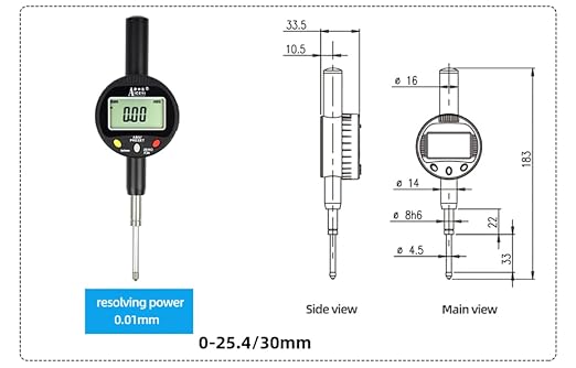 Digital dial Gauge with a Measurement Range of 0-1.2in/30mm and an Accuracy Range of 0.0004 "in/0.01" mm