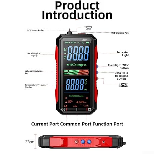 FS899S Digital Multimeter Tester, USB Rechargeable Smart Auto Ranging Multimeter, Measure AC/DC Current/Voltage, Capacity, Continuity, Resistance, Frequency, Non-Contact Voltage (NCV)(FS899S+Bag)