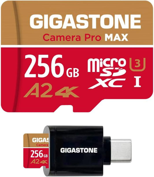 [5-Yrs Free Data Recovery] GIGASTONE 256GB Micro SD Card with USB 3.2 Type C Card Reader, 4K Camera Pro MAX, Speed Up to 130MB/s Compatible with Gopro, DJI, Dash Cam, MicroSDXC UHS-I A2 V30 U3