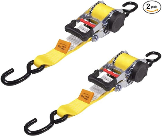 Mytee Products 2 Pk 2"x 9.2' Bolt on Yellow Retractable Ratchet Straps for Cargo - Coated S Hook Auto Retract Ratchet Straps - Self Ratcheting Strap for Boat Tie Down to Trailer & Jet Ski, ATVs, Bikes