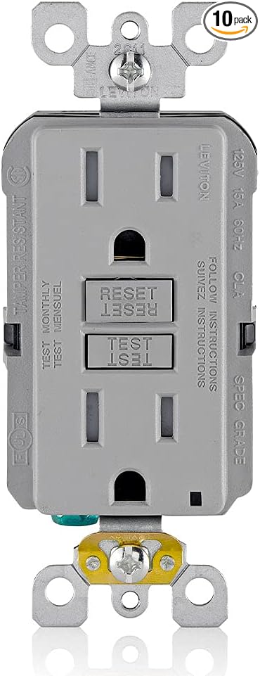 Leviton GFCI Outlet, 15 Amp, Self Test, Tamper-Resistant with LED Indicator Light, Protection from Electric Shock and Electrocution, GFTR1-GY, Gray (Pack of 10)