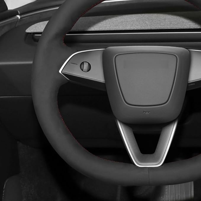 MEWANT DIY Hand Stitch Black Suede Steering Wheel Cover for Tesla Model 3 Highland 2023-2025 Tesla Model Y Juniper 2025