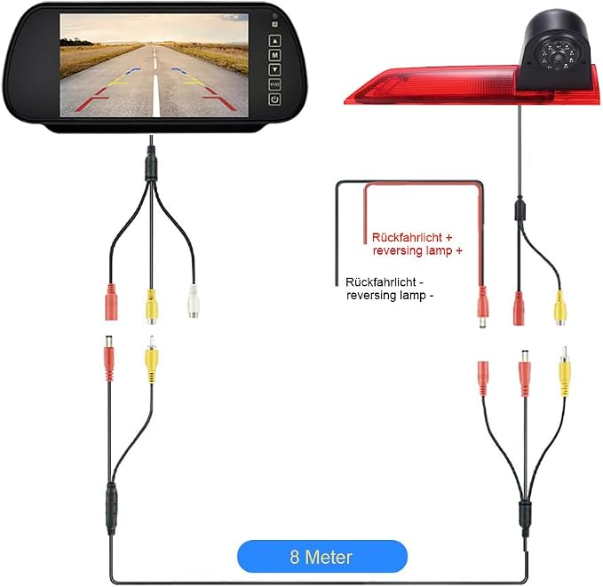 1280 * 720 Pixel Third Roof Brake Lamp Car Backup Camera Replacement for Ford Transit Custom 2012-2016 Dritte 3 Waterproof Night Vision Reverse+7" Reverse Mirror
