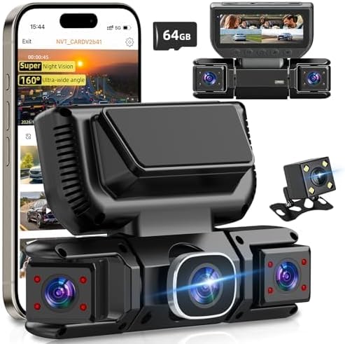 W6 4 Channel Dash Cam 360° Recording Dash Cam for Cars 2K Front + 1080P Rear & Side Cameras 5GHz WiFi & App Control, Night Vision, G-Sensor, Parking Monitor, 64GB SD Card Included