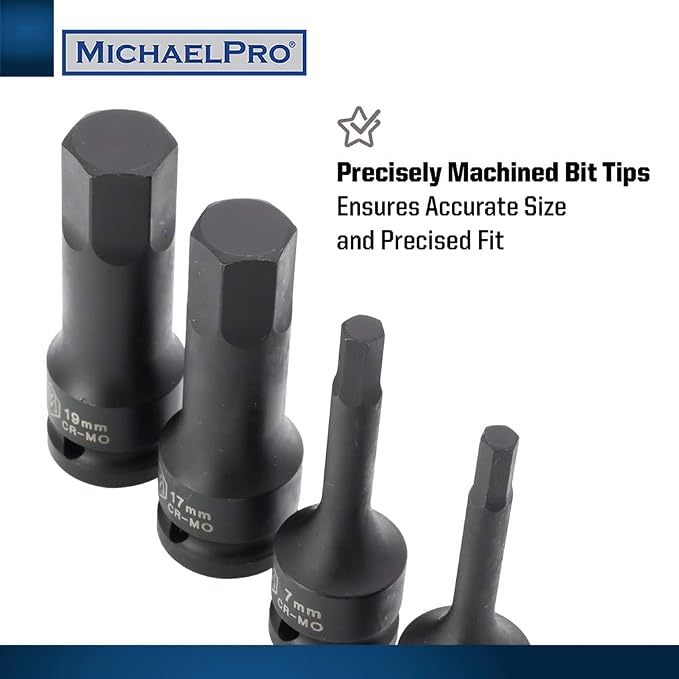 MichaelPro MP005027 8Pc 1/2” Drive Hex Bit Socket Set, 6 to 19mm, Impact Metric Socket, CR-Mo | Sturdy Storage Case Included