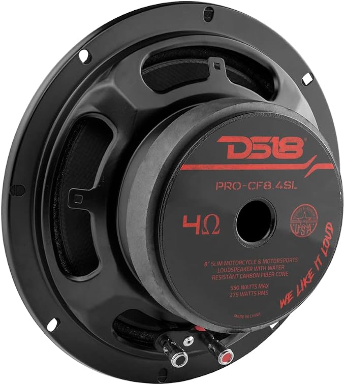 DS18 PRO-CF8.4SL 8" Shallow Carbon Fiber Water Resistant Cone Mid-Bass Loudspeaker 275 Watts Rms 4-Ohm - Great Speaker for Motorcycles and Powersports
