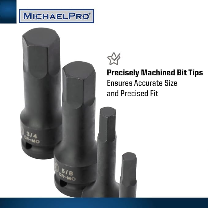 MichaelPro MP005028 8Pc 1/2” Drive Hex Bit Socket Set, 1/4" to 3/4”, Impact SAE Socket, CR-Mo | Sturdy Storage Case Included