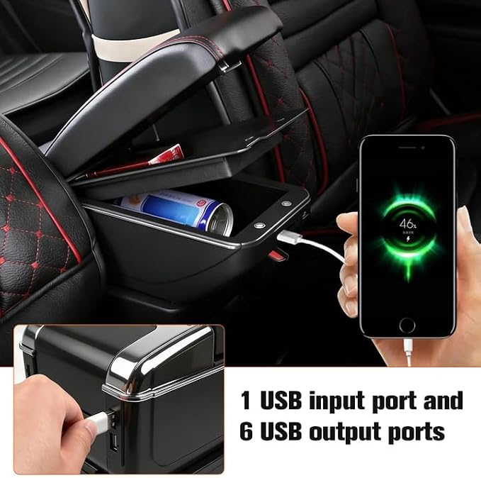Armrest Box Compatible with Kia Rio 2012 2013 2014 2015 2016, Double Layer Black Leather Center Console Organizer with 7 USB Ports, Adjustable Armrest Pad, Cup Holder,Ashtray(Red Thread)