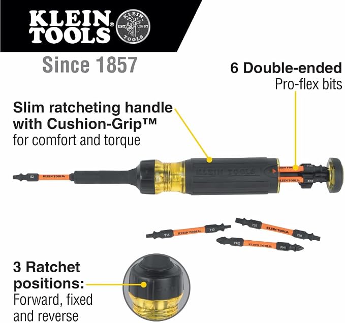 Klein Tools Pliers and Ratcheting Screwdriver 13-in-1 Bundle with 9-Inch Side Cutting Pliers, Crimper, Fish Tape Puller and 6 Double-Ended Bits