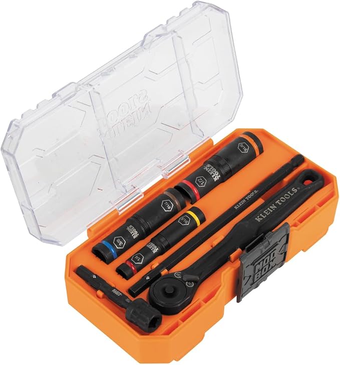 Klein Tools 65238 3-Piece Deep Impact Socket Set with Ratchet, Adapter, Case and 33801 40-Piece S2 Steel Phillips/Slotted/Square/TORX Bit Set with Nut Drivers, Extension, Case
