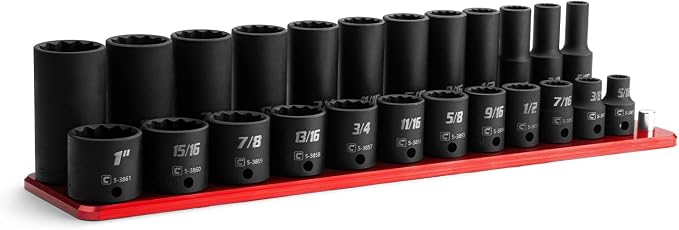 Capri Tools 3/8 in. Drive Shallow and Deep Impact Socket Set, 12-Point, SAE, 5/16 to 1 in., 24-Piece with Red Billet Aluminum Socket Rail