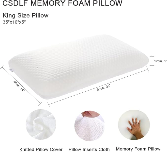 CSDLF Memory Foam Bed Pillows, Pillow for Side and Back Sleeper, Pillow for Neck Pain Relief, Washable Removable Cover, Soft, White (King)