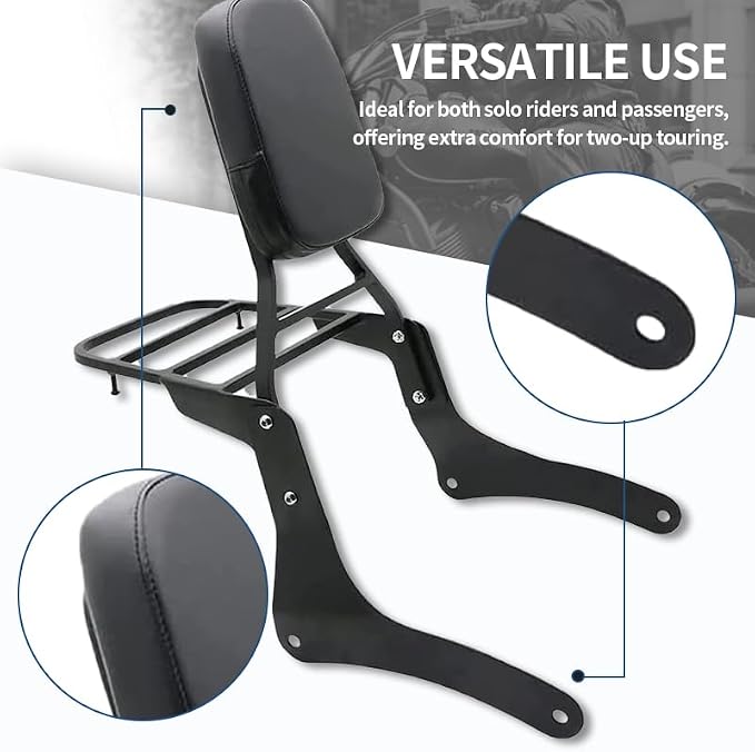 Comfortable Leather Backrest Sissy Bar + Luggage Rack Pad Compatible With Kawasaki Vulcan 900 VN900 1996-2018 (Chrome) (Black)