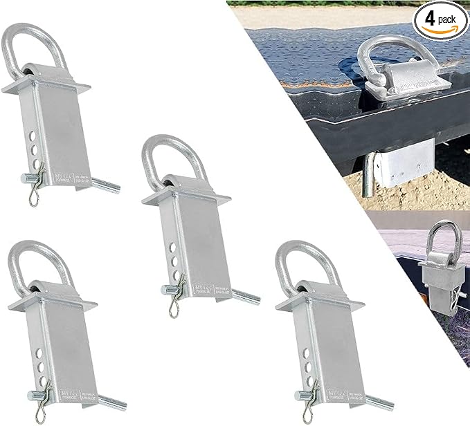 Mytee Products 4 Pack 5/8 Inch Stake Pocket D Rings, 18000 lbs | Zinc Coated Heavy Duty Adjustable Trailer Stake Pocket Tie Down Utility for Flatbed Trucks & Trailer w/Hitch Pin, 4 Holes