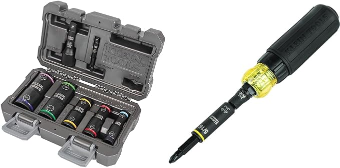Klein Tools Impact Socket Set, Flip Socket, 7-Piece and 11-in-1 Ratcheting Screwdriver/Nut Driver