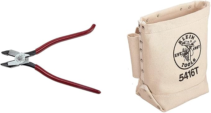 Klein Tools D201-7CSTA Linesman Pliers, Side Cutters with Spring Loaded Action & 5416T Tool Bag, Bull-Pin and Bolt Pouch, No. 4 Canvas with Tunnel Connection, 5 x 10 x 9-Inch