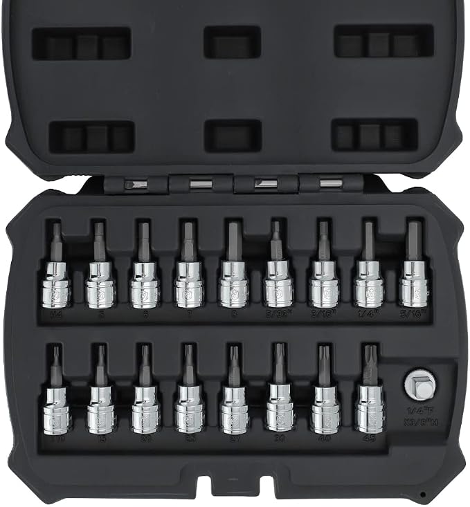 MichaelPro 18-Piece 3/8'' Drive Torx and Hex Bit Socket Set, SAE & Metric (5/32" - 5/16", 4 - 8 mm, T10-T45), High Torque Resistant S2 Steel, Socket Adapter and Storage Case Included - MP012021