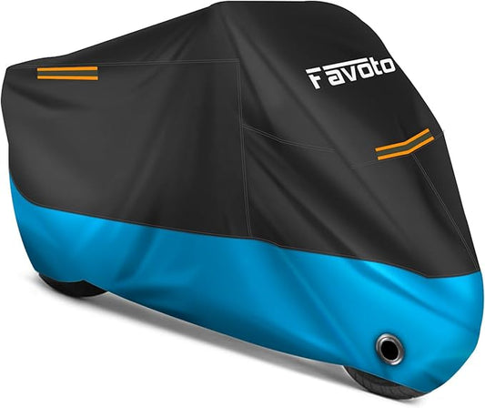 Favoto Motorcycle Cover All Season Universal Weather Quality Waterproof Sun Rain Outdoor Protection Night Reflective with Lock-Holes & Storage Bag Fits up to 86.6" Motorcycles Vehicle Cover