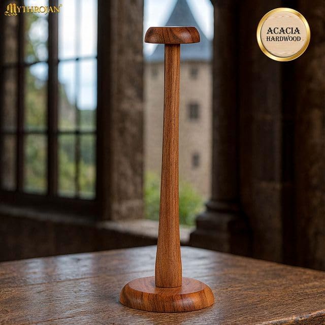 Mythrojan 14.5 Inch SOLID WOOD HAT DISPLAY STAND Sturdy Wooden Display Stand for Medieval Renaissance Cosplay Halloween Pin up Retro Hats (Natural)