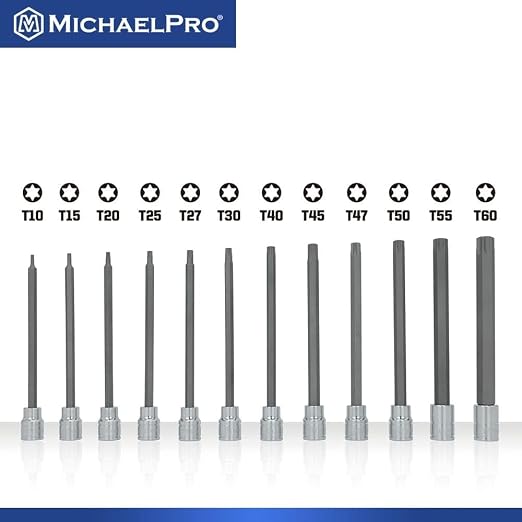 MichaelPro 12-Piece 3/8" Drive Long Torx Socket Set T10-T60 Bundle with 16-Piece Torx Bit Set T8-T10 with Rail Organizer