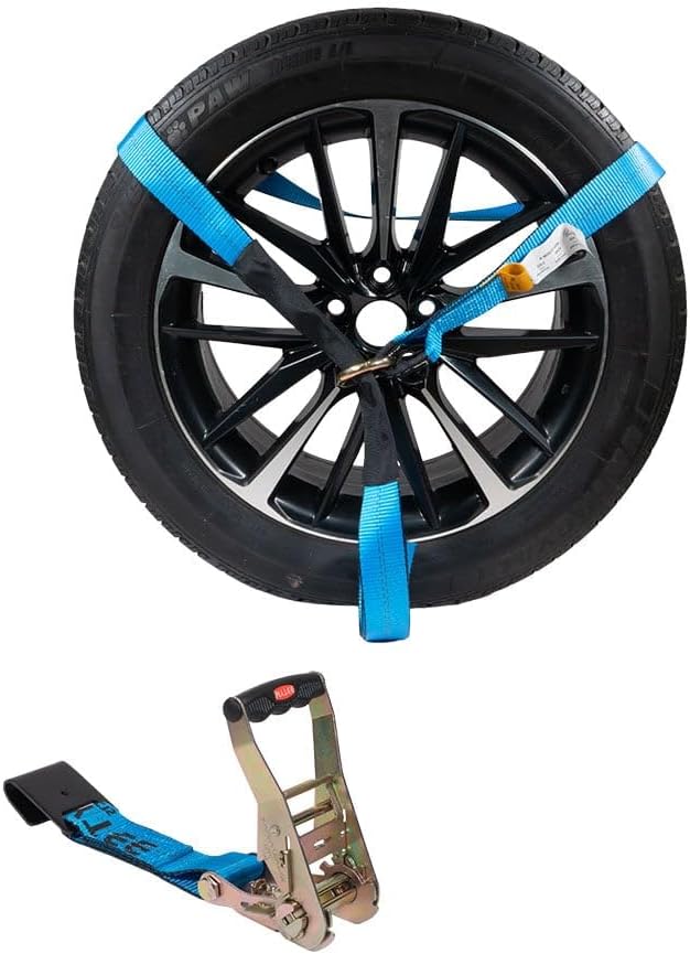 Mytee Products 4 Pack 2" x 120" Car Tie Down Straps for Trailer with Flat Hook - 3333 LB WLL Blue Lasso Style Tire Strap for Car Trailer with Ratchets - Vehicle Tie Down Wheel Straps for Hauling Cars