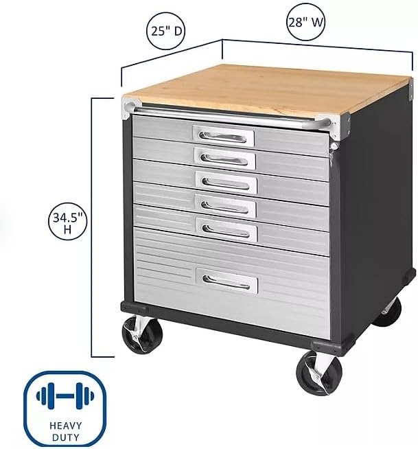 Heavy Duty Rolling Storage Cabinet with Wheels and Drawers, Workstation for Garage, Office, Workshop, 6 Drawer (28" W x 25" D x 34.5" H), Graphite