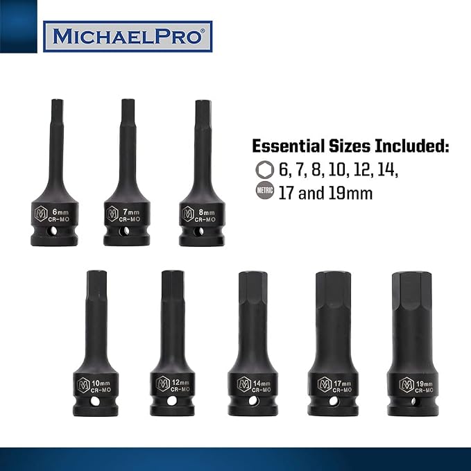 MichaelPro MP005027 8Pc 1/2” Drive Hex Bit Socket Set, 6 to 19mm, Impact Metric Socket, CR-Mo | Sturdy Storage Case Included
