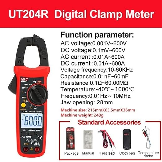 UNI-T UT204R Digital Clamp Meter True RMS 600A AC/DC Current Clamp, Measures Voltage Capacitance Resistance Frequency Temperature, CAT III 600V, Portable Compact Design