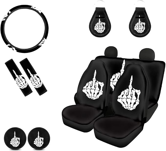 JEOCODY Skeleton Shows Middle Finger Print Car Seat Cover Set with Steering Wheel Cover + Auto Coasters + Keychains + Car Seat Belt Pads Cover Full Set 11 Pack Car Accessories for Women Men Gifts